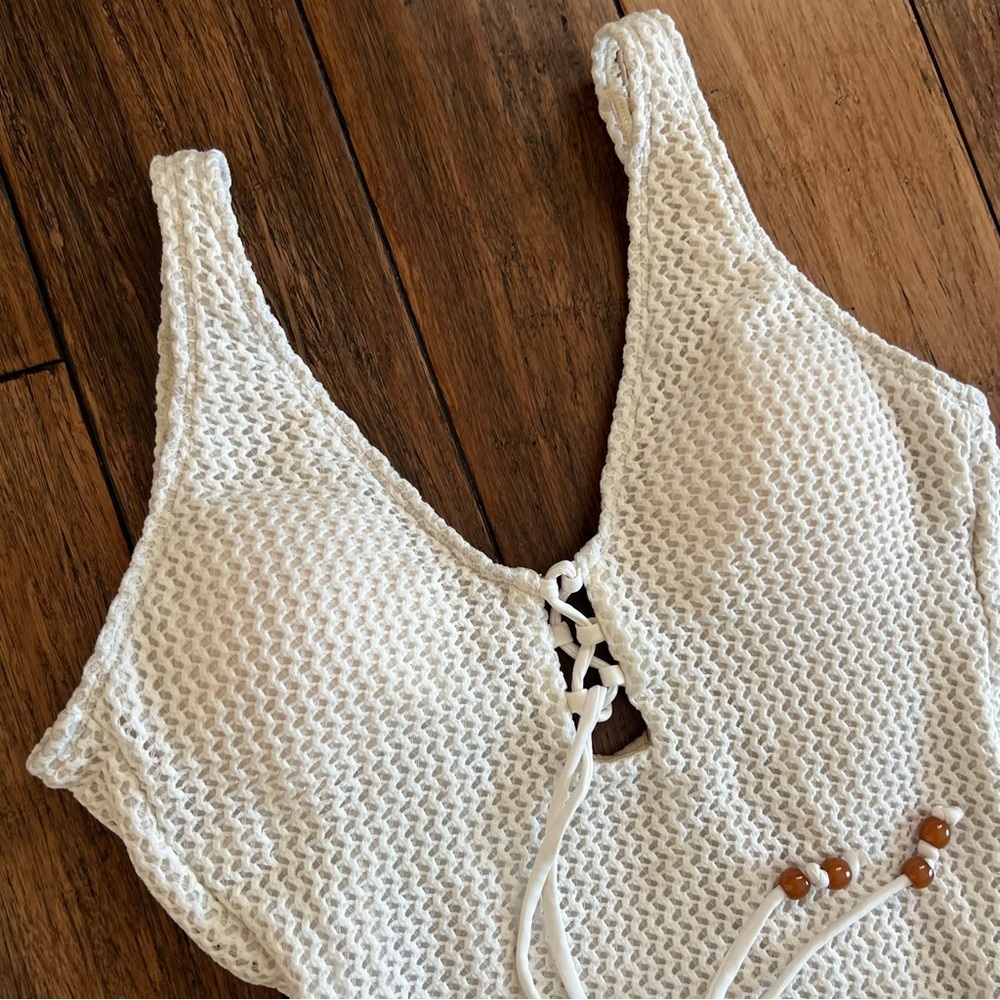 Shade Shore Cream Crochet One Piece Swimsuit Small Bathing Suit Lace Up White - Picture 3 of 12